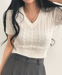Vネックケーブル半袖ニット
