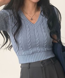 Vネックケーブル半袖ニット