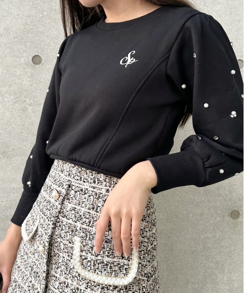 セール】裏起毛袖ビジュークロップドカットソー（Tシャツ