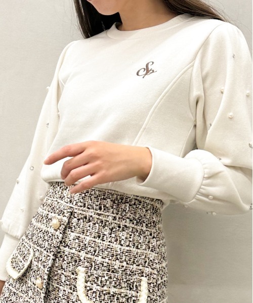 セール】裏起毛袖ビジュークロップドカットソー（Tシャツ