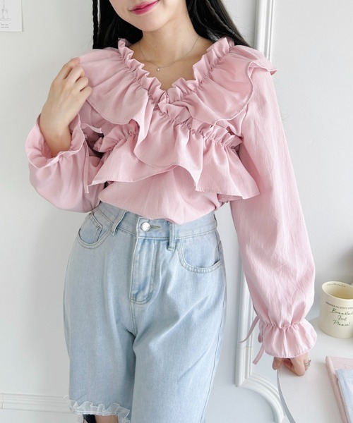 Loueme(ルエム)の「クロスフリルリボン2WAYショートブラウス(シャツ/ブラウス・レディース・ピンク/ブラック/ホワイト・FREE)」の1枚目の写真