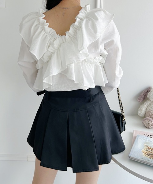 Loueme(ルエム)の「クロスフリルリボン2WAYショートブラウス(シャツ/ブラウス・レディース・ピンク/ブラック/ホワイト・FREE)」の7枚目の写真