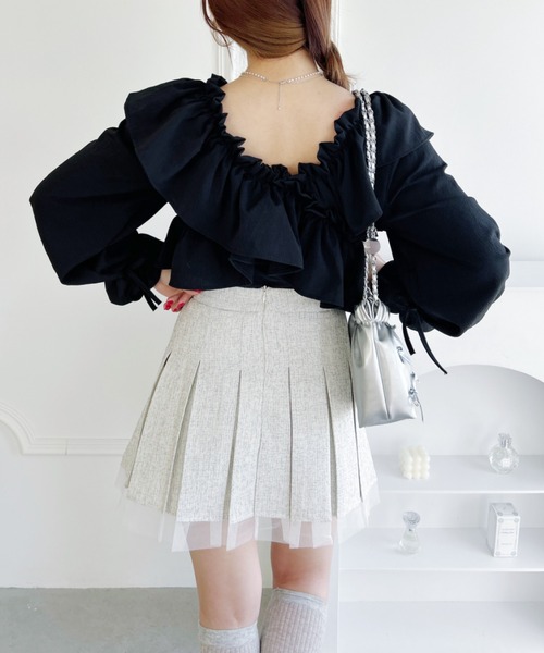 Loueme(ルエム)の「クロスフリルリボン2WAYショートブラウス(シャツ/ブラウス・レディース・ピンク/ブラック/ホワイト・FREE)」の14枚目の写真