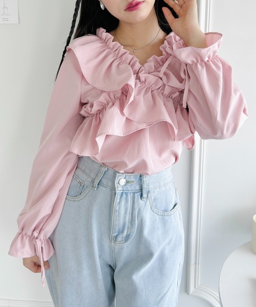 Loueme(ルエム)の「クロスフリルリボン2WAYショートブラウス(シャツ/ブラウス・レディース・ピンク/ブラック/ホワイト・FREE)」の22枚目の写真