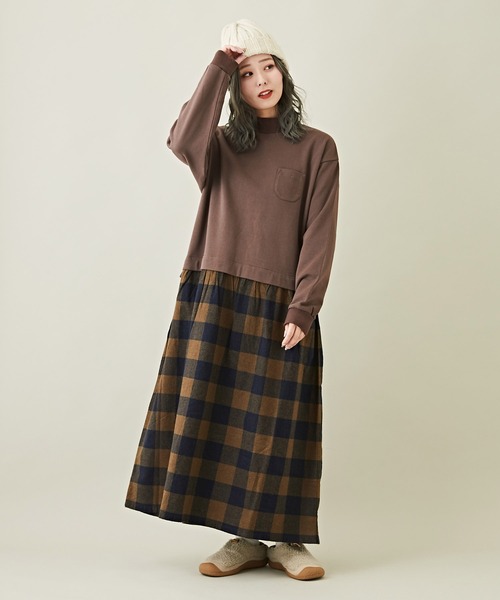 CUBE SUGAR（キューブシュガー）の「スウェット×チェック切替スタンドカラーワンピース（ワンピース・レディース・ブラック/ブラウン/ネイビー・M）」の10枚目の写真