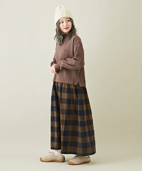 CUBE SUGAR（キューブシュガー）の「スウェット×チェック切替スタンドカラーワンピース（ワンピース・レディース・ブラック/ブラウン/ネイビー・M）」の11枚目の写真