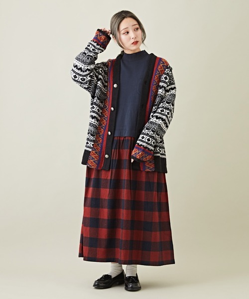 CUBE SUGAR（キューブシュガー）の「スウェット×チェック切替スタンドカラーワンピース（ワンピース・レディース・ブラック/ブラウン/ネイビー・M）」の13枚目の写真