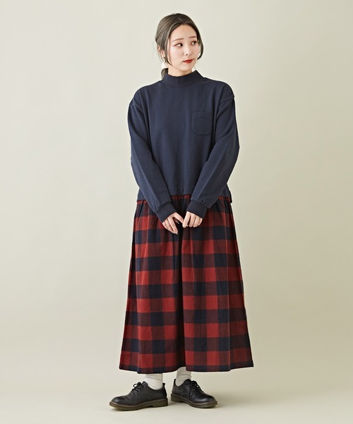 CUBE SUGAR（キューブシュガー）の「スウェット×チェック切替スタンドカラーワンピース（ワンピース・レディース・ブラック/ブラウン/ネイビー・M）」の14枚目の写真