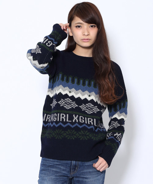 X-girl(エックスガール)の「NORDIC KNIT TOP(ニット/セーター・レディース・ホワイト/アッシュ/ネイビー・2/1)」の3枚目の写真