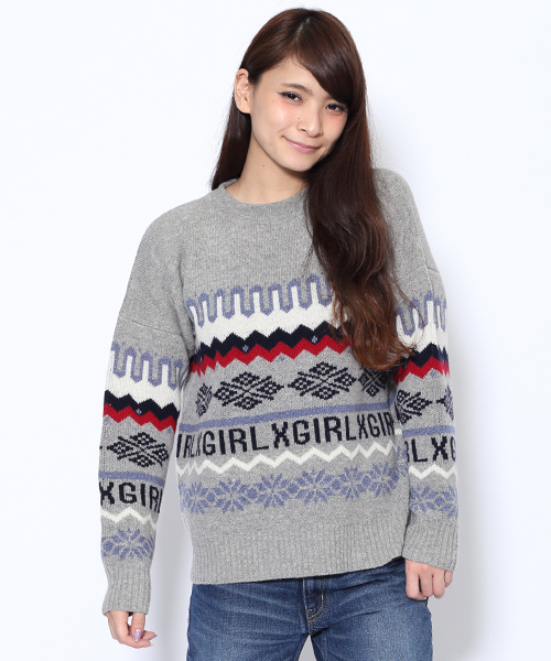 X-girl(エックスガール)の「NORDIC KNIT TOP(ニット/セーター・レディース・ホワイト/アッシュ/ネイビー・2/1)」の2枚目の写真