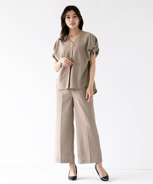 【セール】【暑い季節も快適リネン調シリーズ】洗濯機で洗える！麻調メランジ・ワイドパンツ（スーツパンツ）｜WHITE JOOLA（ホワイトジョーラ）