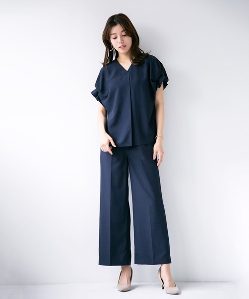 【セール】【暑い季節も快適リネン調シリーズ】洗濯機で洗える！麻調メランジ・ワイドパンツ（スーツパンツ）｜WHITE JOOLA（ホワイトジョーラ）