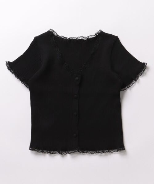 確認用　レース付き黒ニット半袖トップス KOEISTORE ニットトップス レディース 春 夏 春夏 黒 ニット