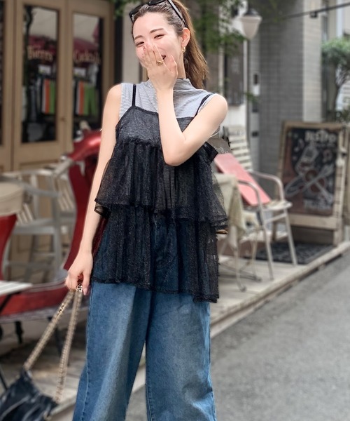 mily bilet(ミウィビレット)の「【mily bilet】大人の華やぎレイヤードアイテム。ラメチュールティアードキャミソール(キャミソール・レディース・ベージュ/ネイビー/ブラック・LARGE/MEDIUM/SMALL/X-LARGE)」の10枚目の写真