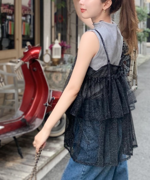 mily bilet(ミウィビレット)の「【mily bilet】大人の華やぎレイヤードアイテム。ラメチュールティアードキャミソール(キャミソール・レディース・ベージュ/ネイビー/ブラック・LARGE/MEDIUM/SMALL/X-LARGE)」の9枚目の写真