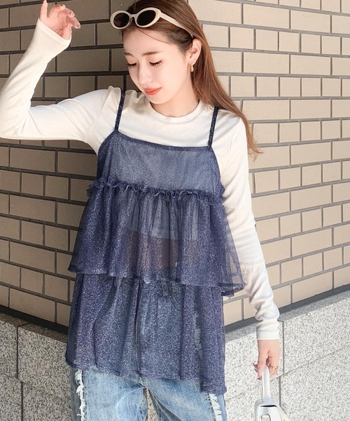mily bilet(ミウィビレット)の「【mily bilet】大人の華やぎレイヤードアイテム。ラメチュールティアードキャミソール(キャミソール・レディース・ベージュ/ネイビー/ブラック・LARGE/MEDIUM/SMALL/X-LARGE)」の4枚目の写真