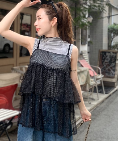 mily bilet(ミウィビレット)の「【mily bilet】大人の華やぎレイヤードアイテム。ラメチュールティアードキャミソール(キャミソール・レディース・ベージュ/ネイビー/ブラック・LARGE/MEDIUM/SMALL/X-LARGE)」の14枚目の写真