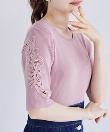 フラワー刺繍スリーブリブニットプルオーバー