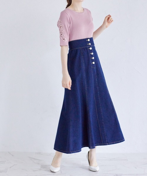 tocco closet(トッコ クローゼット)の「フラワー刺繍スリーブリブニットプルオーバー(ニット/セーター・レディース・グレイッシュブルー/ピンク/ブラック・M)」の8枚目の写真