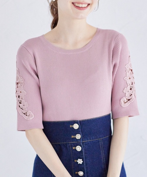 tocco closet(トッコ クローゼット)の「フラワー刺繍スリーブリブニットプルオーバー(ニット/セーター・レディース・グレイッシュブルー/ピンク/ブラック・M)」の12枚目の写真