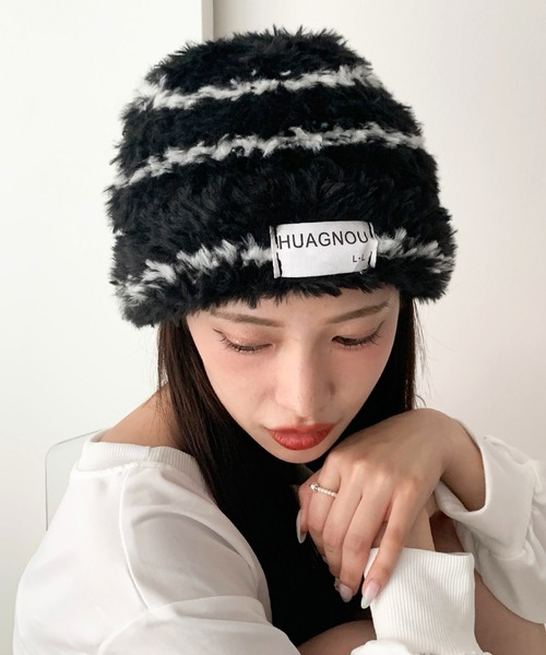lilful(リルフル)の「ワンポイント ボーダー ファー キャップ(ニットキャップ/ビーニー・レディース・ブラック/ホワイト・F)」の17枚目の写真