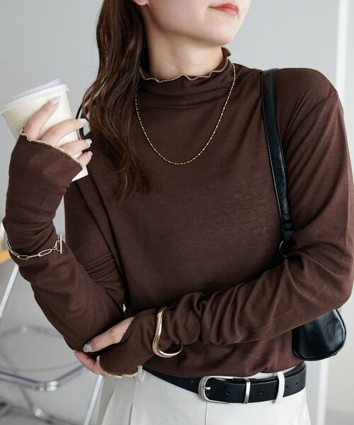 DISCOAT(ディスコート)の「【WEB限定】メロー配色ハイネックロンT(Tシャツ/カットソー・レディース・グリーン/ピンク/ブラック/アイボリー/ブラウン/ホワイト・MEDIUM)」の4枚目の写真