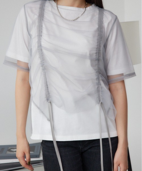 AZUL by moussy(アズールバイマウジー)の「チュールレイヤードドロストトップス(Tシャツ/カットソー・レディース・アイボリー/ブラック/グレー・FREE)」の1枚目の写真