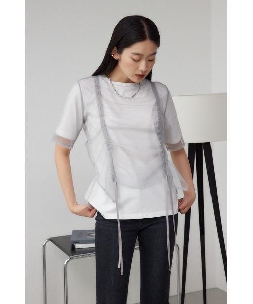 AZUL by moussy(アズールバイマウジー)の「チュールレイヤードドロストトップス(Tシャツ/カットソー・レディース・アイボリー/ブラック/グレー・FREE)」の12枚目の写真
