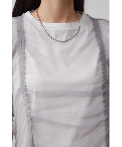 AZUL by moussy(アズールバイマウジー)の「チュールレイヤードドロストトップス(Tシャツ/カットソー・レディース・アイボリー/ブラック/グレー・FREE)」の7枚目の写真