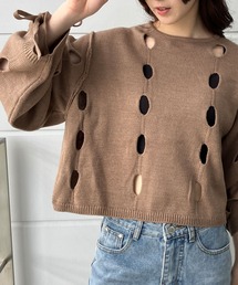 カットアウト袖シャーリングショート丈ニット