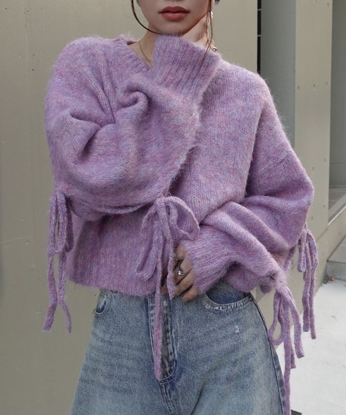CORNERS（コーナーズ）の「袖リボン起毛シャギーショートニット（ニット/セーター・レディース・パープル/ベージュ/ブルー/グレー・M）」の4枚目の写真