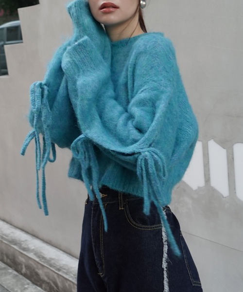 CORNERS（コーナーズ）の「袖リボン起毛シャギーショートニット（ニット/セーター・レディース・パープル/ベージュ/ブルー/グレー・M）」の12枚目の写真