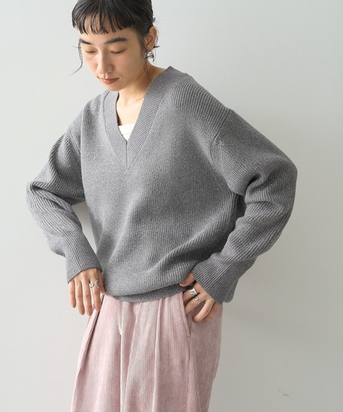 セール】ラメ入リVネック片畦ニットプルオーバー（ニット/セーター