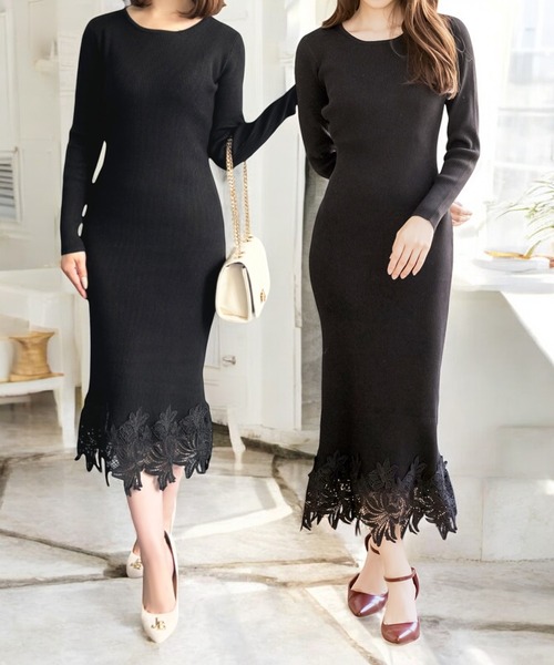 Julia Boutique(ジュリアブティック)の「選べるミディアム丈・ロング丈 裾レースニットタイトワンピース(ワンピース・レディース・モカ/ブラック/チャコール・LONG/MEDIUM)」の1枚目の写真