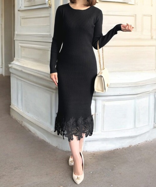 Julia Boutique(ジュリアブティック)の「選べるミディアム丈・ロング丈 裾レースニットタイトワンピース(ワンピース・レディース・モカ/ブラック/チャコール・LONG/MEDIUM)」の4枚目の写真