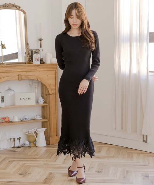 Julia Boutique(ジュリアブティック)の「選べるミディアム丈・ロング丈 裾レースニットタイトワンピース(ワンピース・レディース・モカ/ブラック/チャコール・LONG/MEDIUM)」の9枚目の写真