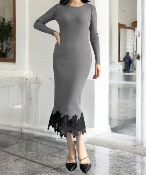 Julia Boutique(ジュリアブティック)の「選べるミディアム丈・ロング丈 裾レースニットタイトワンピース(ワンピース・レディース・モカ/ブラック/チャコール・LONG/MEDIUM)」の21枚目の写真