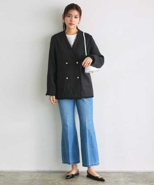 Pierrot（ピエロ）の「ノーカラーフリンジツイードジャケット（ノーカラージャケット・レディース・アイボリー/ブラック・L/M）」の5枚目の写真