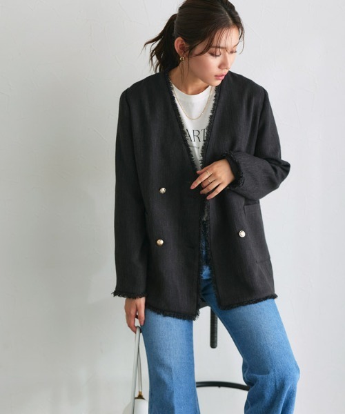 Pierrot（ピエロ）の「ノーカラーフリンジツイードジャケット（ノーカラージャケット・レディース・アイボリー/ブラック・L/M）」の6枚目の写真