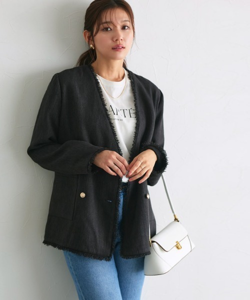 Pierrot（ピエロ）の「ノーカラーフリンジツイードジャケット（ノーカラージャケット・レディース・アイボリー/ブラック・L/M）」の7枚目の写真