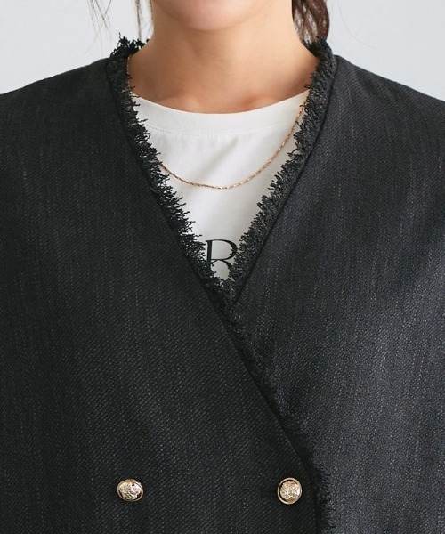 Pierrot（ピエロ）の「ノーカラーフリンジツイードジャケット（ノーカラージャケット・レディース・アイボリー/ブラック・L/M）」の10枚目の写真