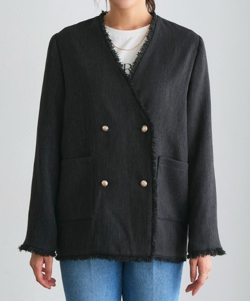 Pierrot（ピエロ）の「ノーカラーフリンジツイードジャケット（ノーカラージャケット・レディース・アイボリー/ブラック・L/M）」の13枚目の写真