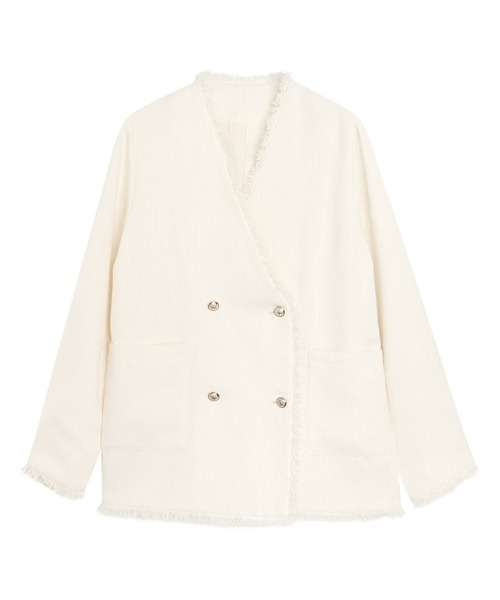 Pierrot（ピエロ）の「ノーカラーフリンジツイードジャケット（ノーカラージャケット・レディース・アイボリー/ブラック・L/M）」の3枚目の写真