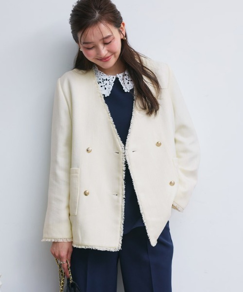 Pierrot（ピエロ）の「ノーカラーフリンジツイードジャケット（ノーカラージャケット・レディース・アイボリー/ブラック・L/M）」の19枚目の写真