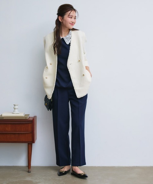 Pierrot（ピエロ）の「ノーカラーフリンジツイードジャケット（ノーカラージャケット・レディース・アイボリー/ブラック・L/M）」の22枚目の写真