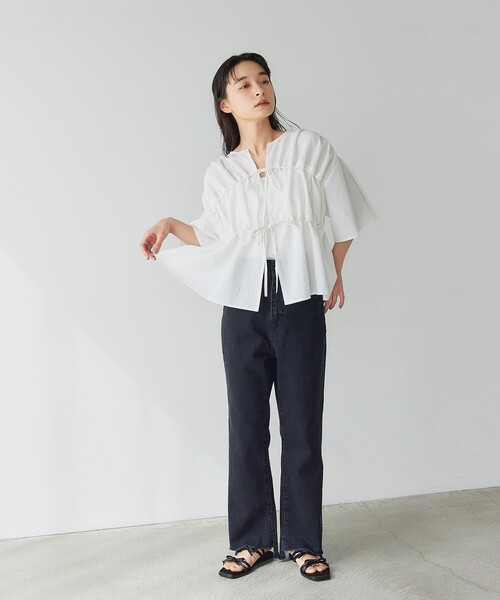 EMMEL REFINES＞EM カラミタンブラー リボンギャザー ブラウス（シャツ