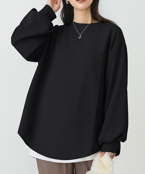 Coo+i(クーイ)の「オーバーサイズワッフルカットソー(Tシャツ/カットソー・レディース・ブラック/グレー/ホワイト/グリーン/モカ/ベージュ・FREE)」の3枚目の写真
