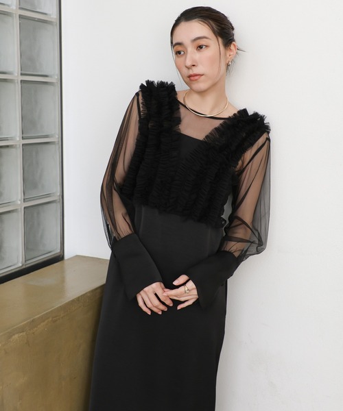 オケージョン/結婚式】フリルトップスサテンキャミワンピースセット