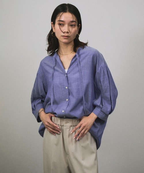 「SALON adam et rope'」 長袖シャツ FREE ネイビー レディース セール】オンブレチェック ボリュームスリーブブラウス（シャツ