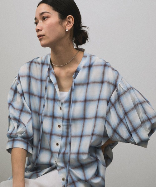 セール】オンブレチェック ボリュームスリーブブラウス（シャツ